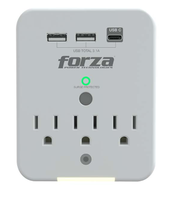 TOMACORRIENTE PROTECTOR TENSION 490J/1875W | 3 SALIDAS |  USB | 120V
